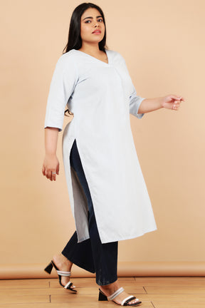 Sky Blue Cotton Linen V Neck Centre Pleat Kurti