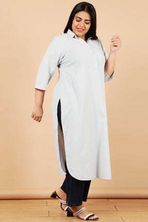 Plus Size Sky Blue Cotton Linen Collar Kurta