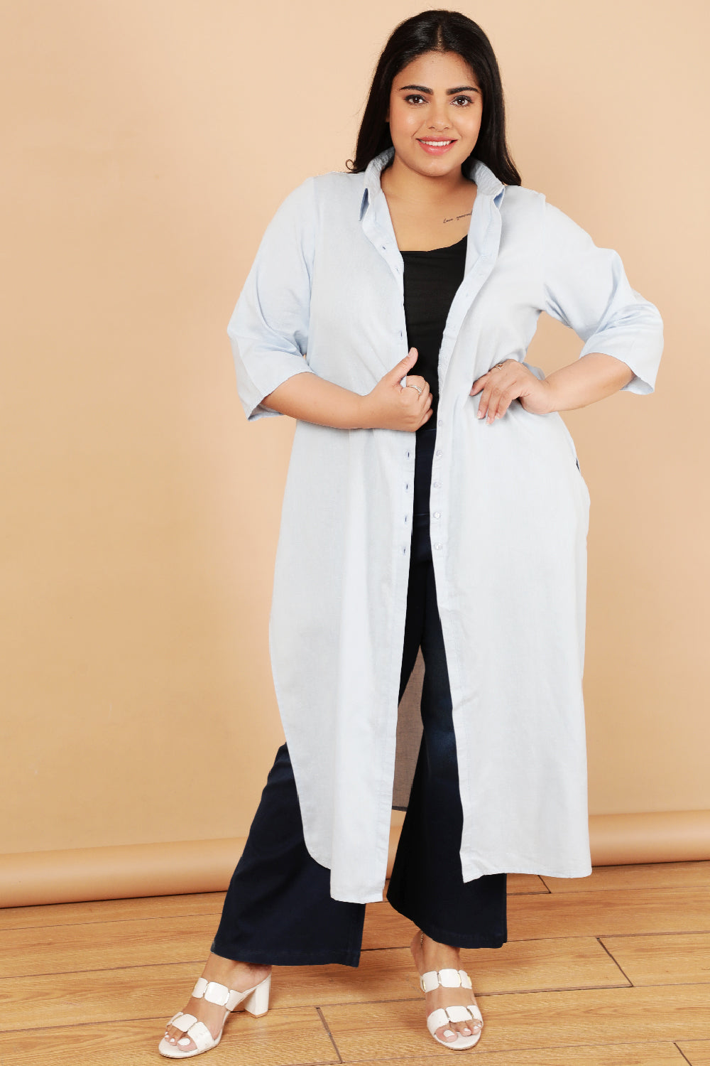 Plus Size Sky Blue Cotton Linen Kurta Shrug