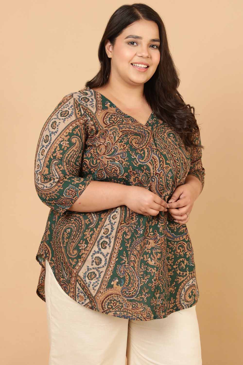 Plus Size Green Paisley Print Cotton Top