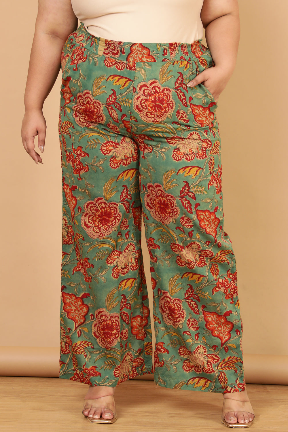 Plus Size Authentic Handblock Printed Green High Waist Pants