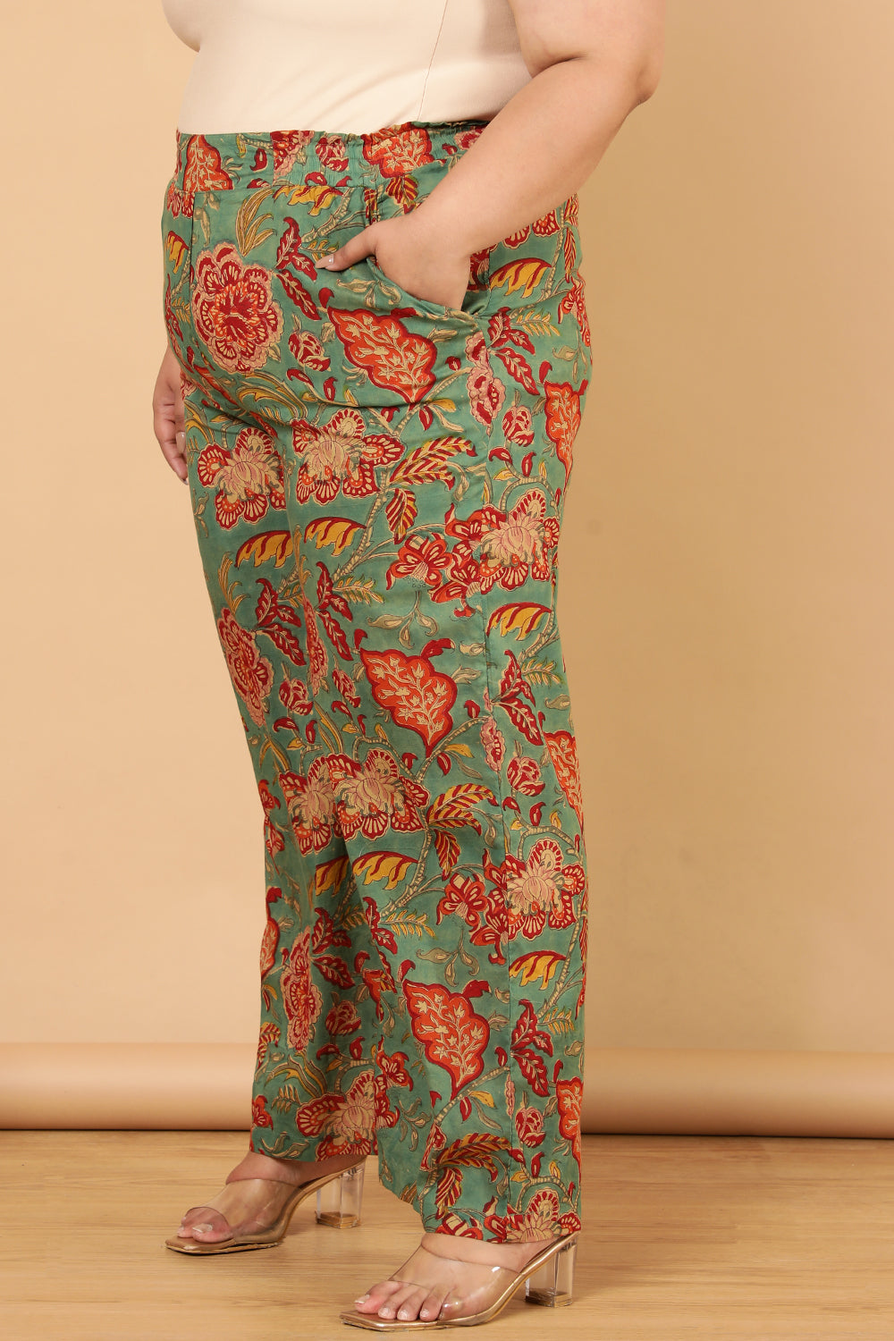 Authentic Handblock Printed Green High Waist Pants for Women