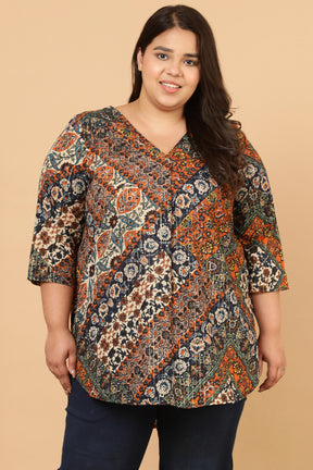 Plus Size Ethnic Print Cotton Top