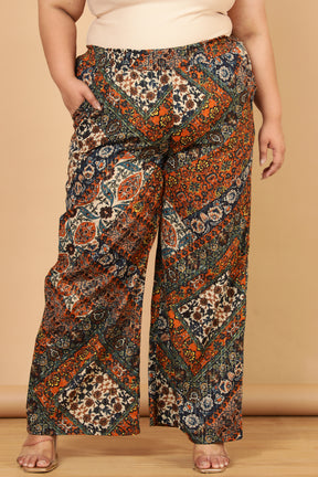 Plus Size Ethnic Print Cotton High Waist Pants