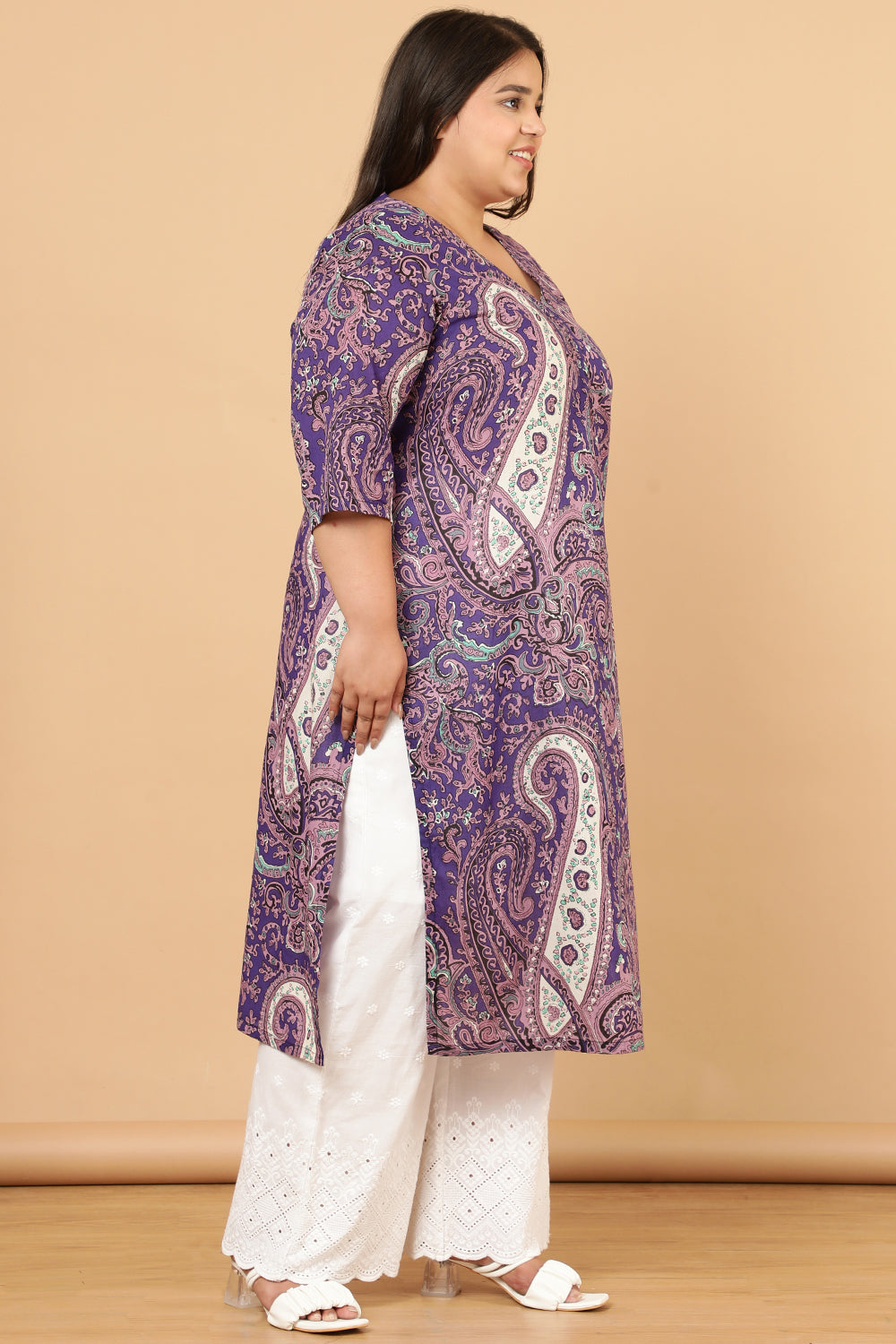 Plus Size Plus Size Purple Paisley Print Cotton High Waist Pants Online in  India