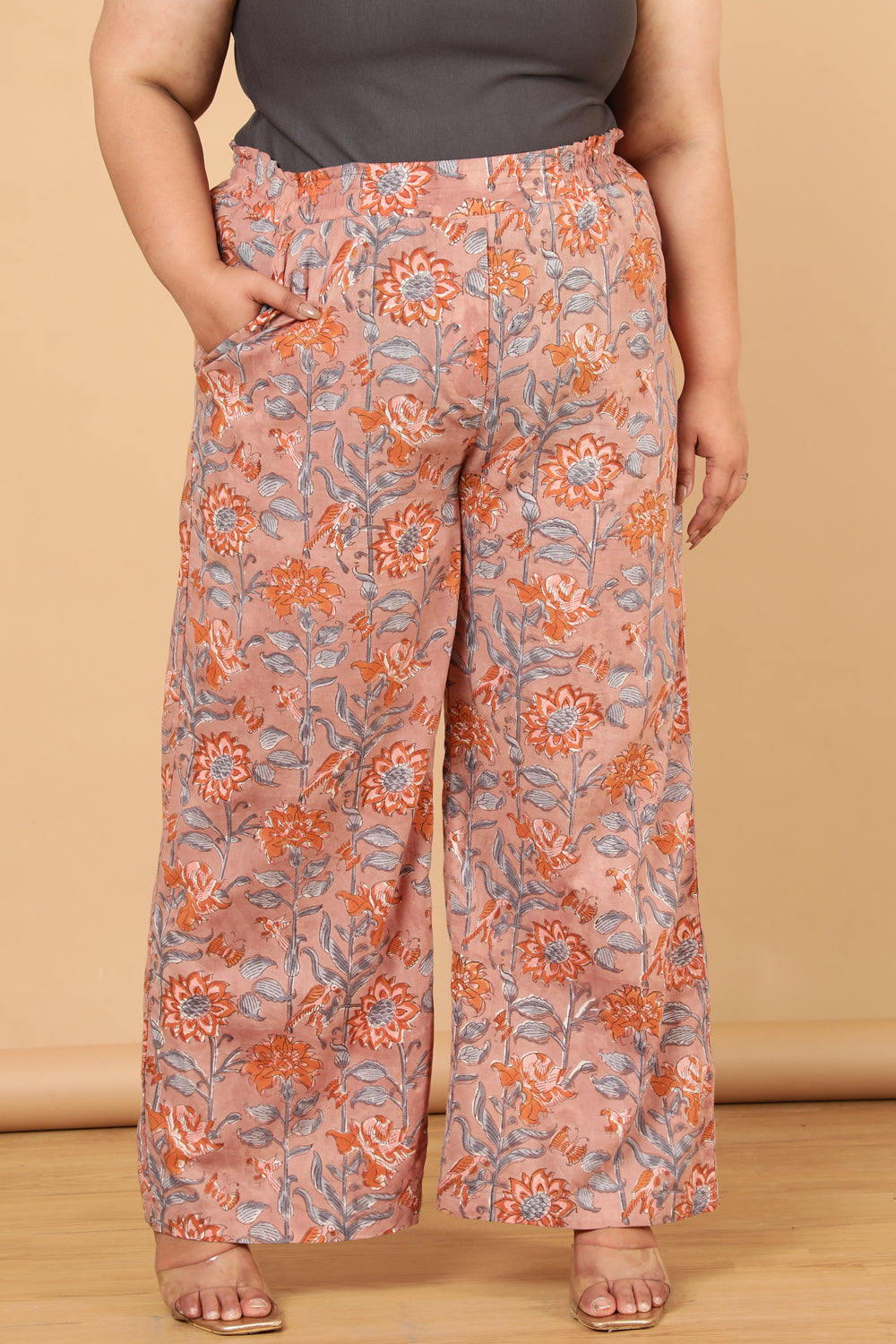 Plus Size Authentic Handblock Printed Earthen Pink High Waist Pants