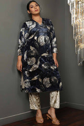 V Neck Black Velvet Kurta In Floral Print