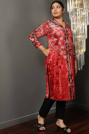 Red Printed V Neck Velvet Kurta