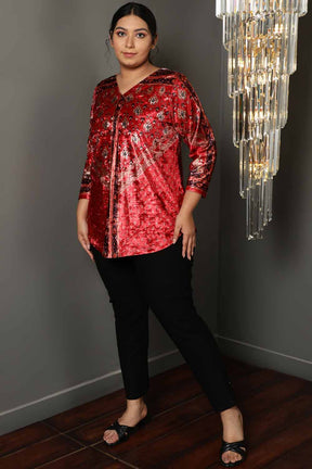 Red Printed V Neck Velvet Top