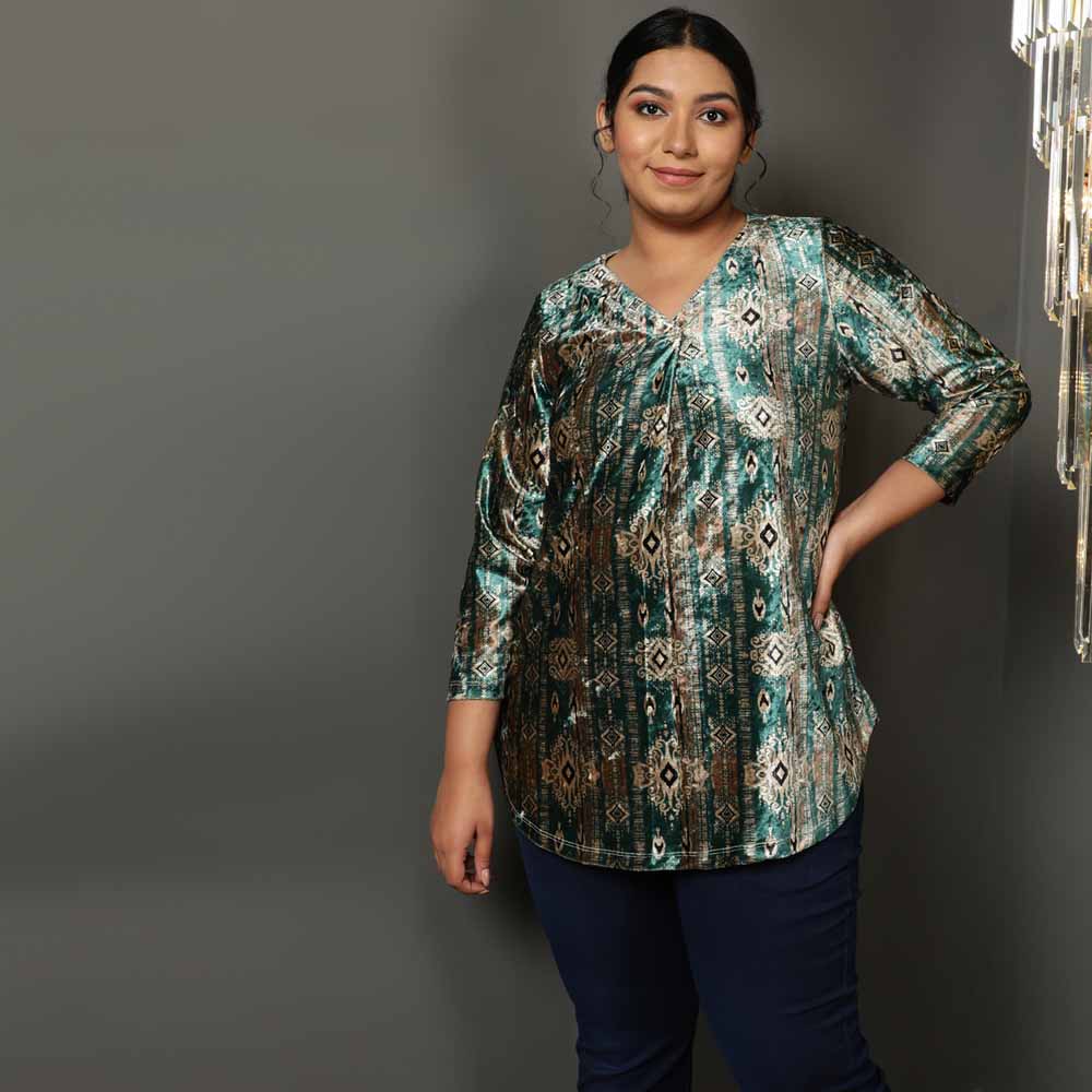 Green Ikkat V Neck Velvet Top