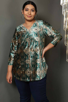 Green Ikkat V Neck Velvet Top