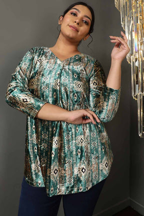 Green Ikkat V Neck Velvet Top