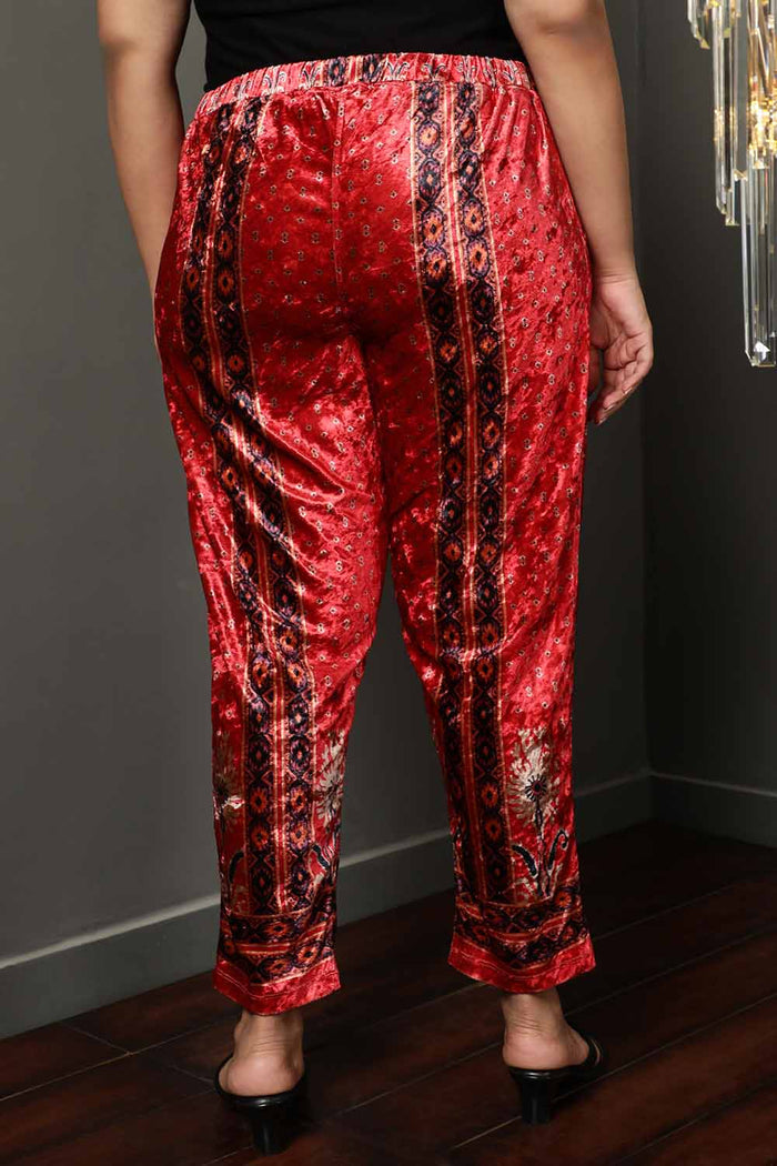 Plus Size Red Printed Velvet Coord Set