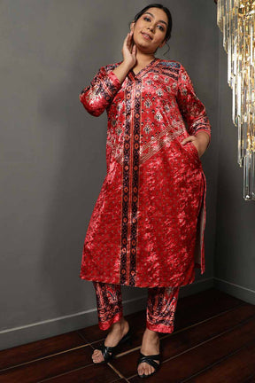 Plus Size Red Printed Velvet Coord Set