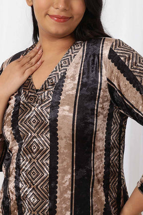 Plus Size Black Beige Stripe Velvet Coord Set