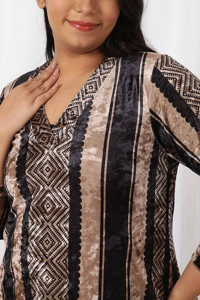 Plus Size Black Beige Stripe Velvet Coord Set for Women