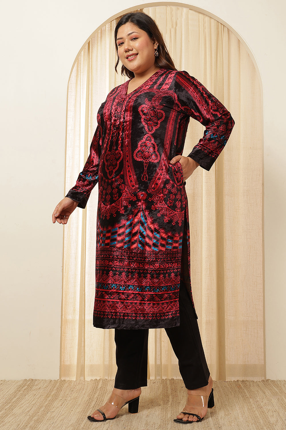 Plus Size Plus Size Black Red Velvet Kurta