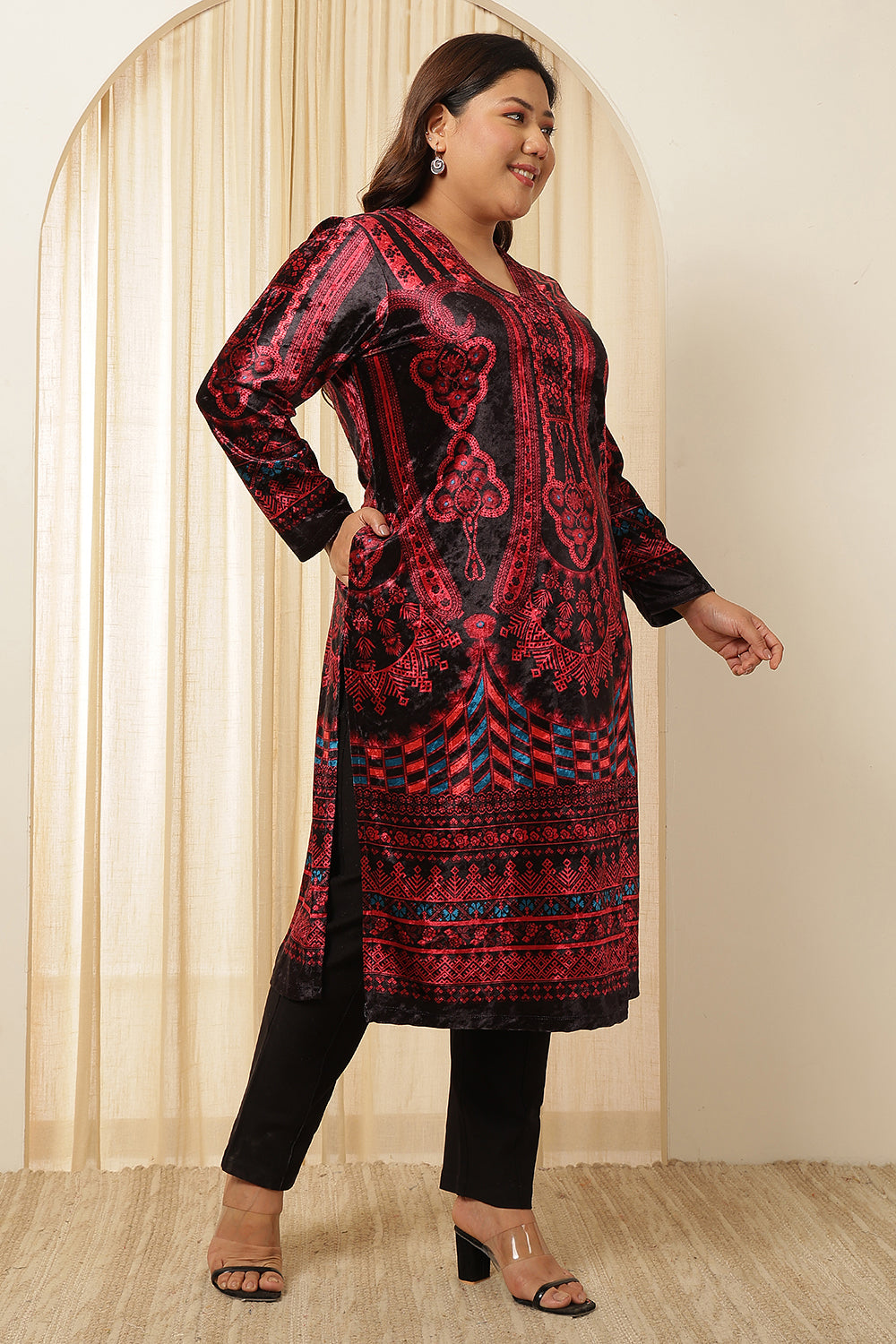 Plus Size Black Red Velvet Kurta for Women