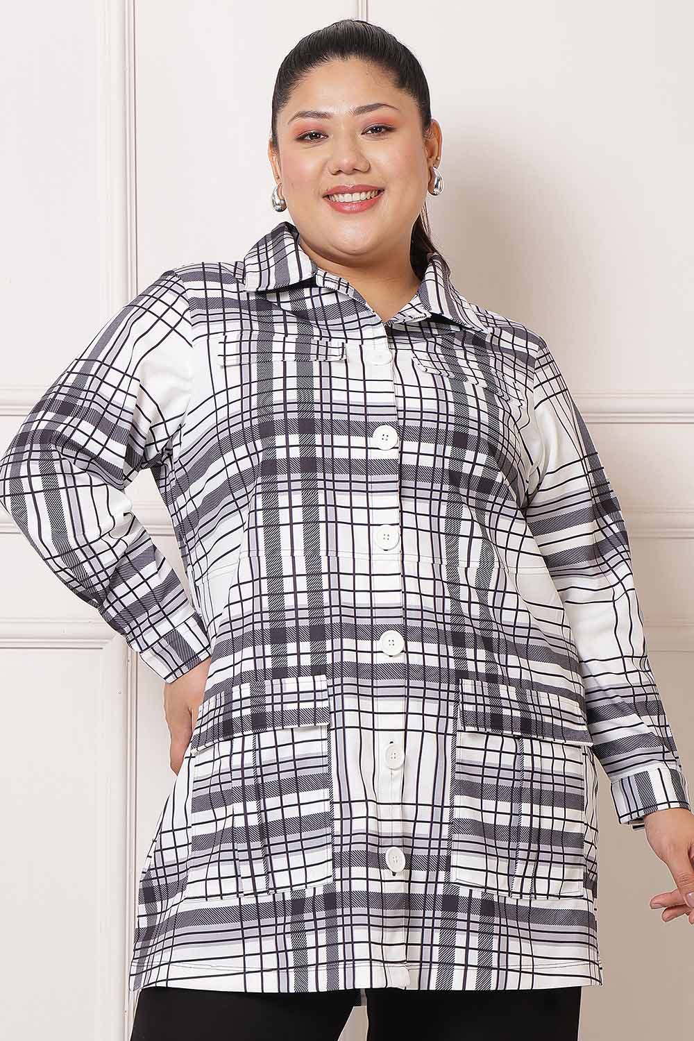 Plus Size White Black Check Shacket