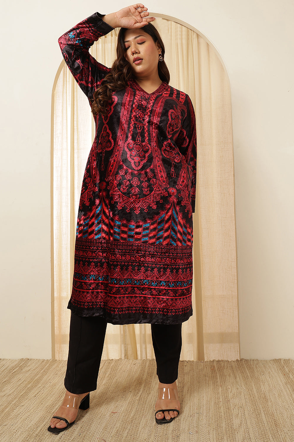 Plus Size Black Red Velvet Kurta