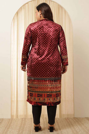 Plus Size Maroon Border Print Velvet Kurta