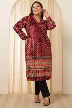 Plus Size Maroon Border Print Velvet Kurta