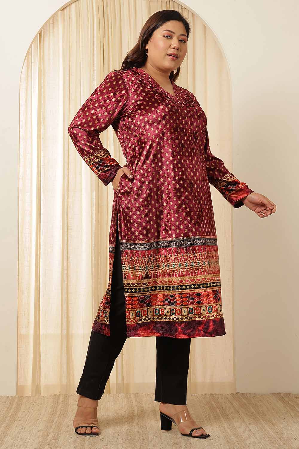 Plus Size Plus Size Maroon Border Print Velvet Kurta