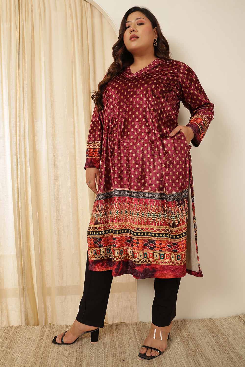 Comfortable Plus Size Maroon Border Print Velvet Kurta