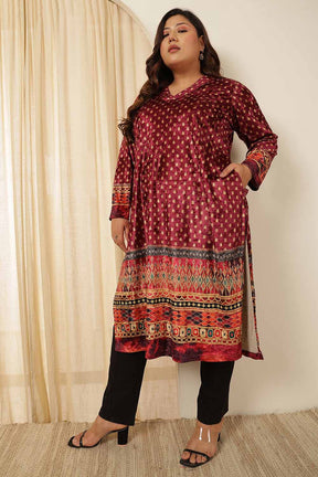 Plus Size Maroon Border Print Velvet Kurta