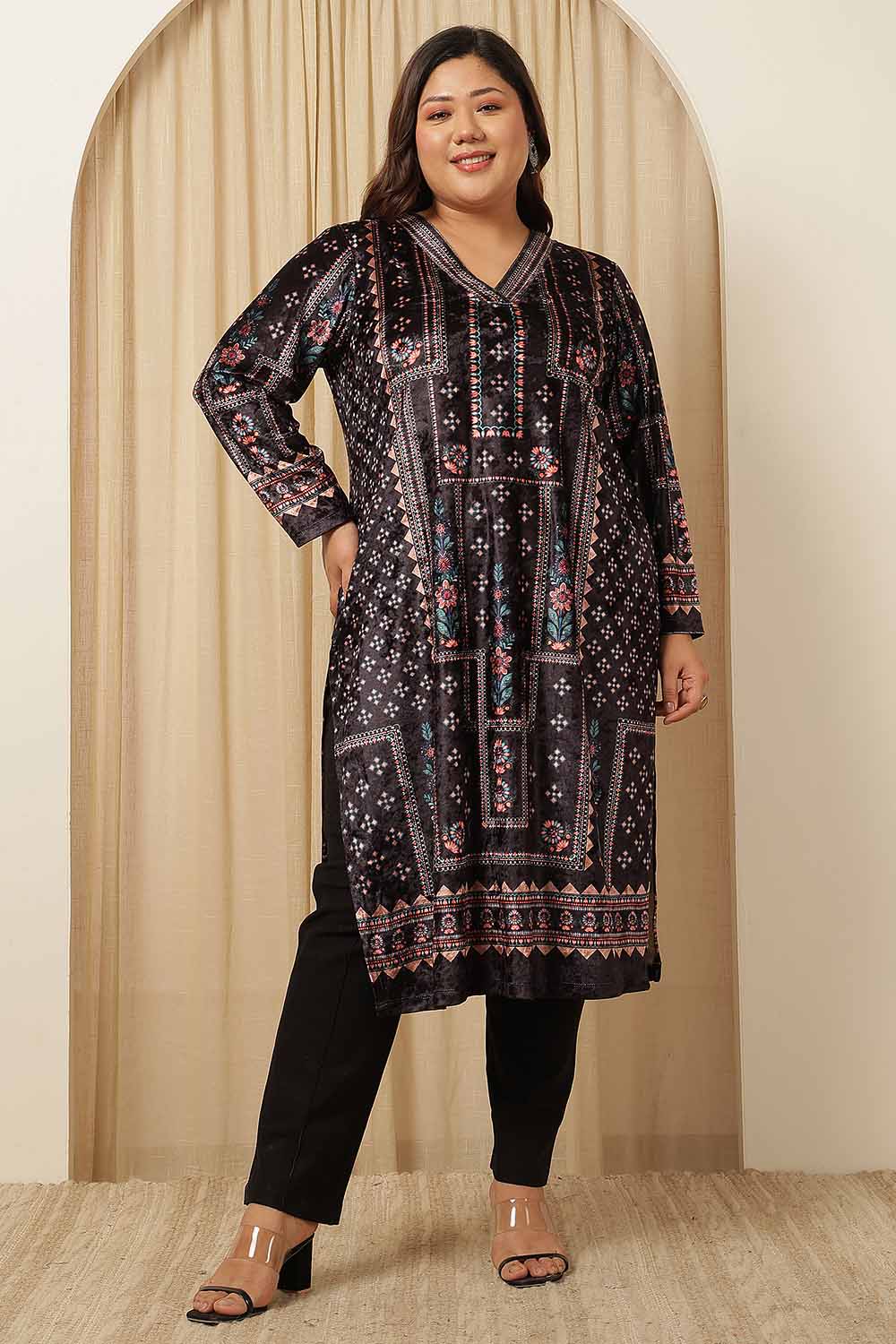 Plus Size Black Ethnic Panel Velvet Kurta