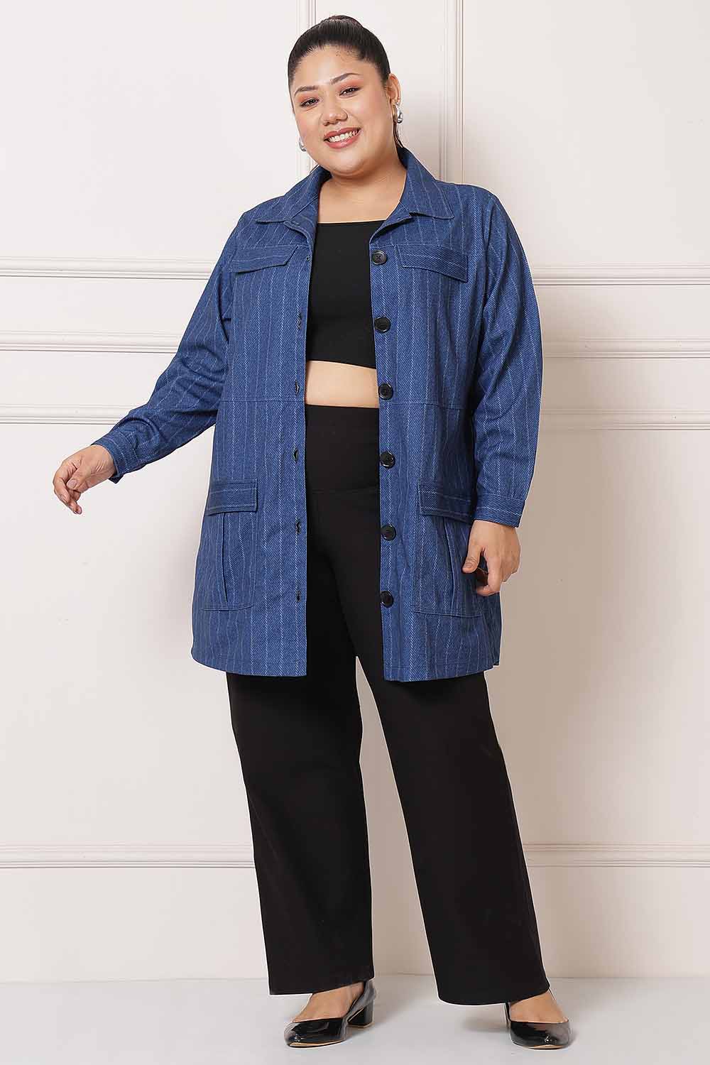 Comfortable Plus Size Blue White Pinstripe Shacket