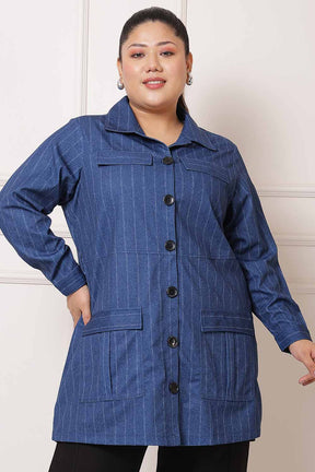 Plus Size Blue White Pinstripe Shacket