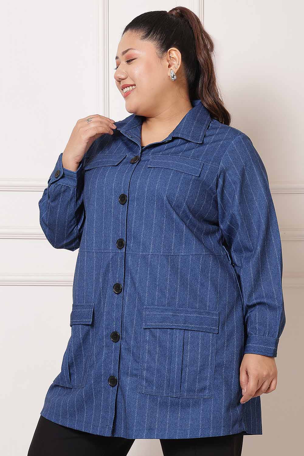 Plus Size Plus Size Blue White Pinstripe Shacket