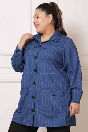 Plus Size Blue White Pinstripe Shacket