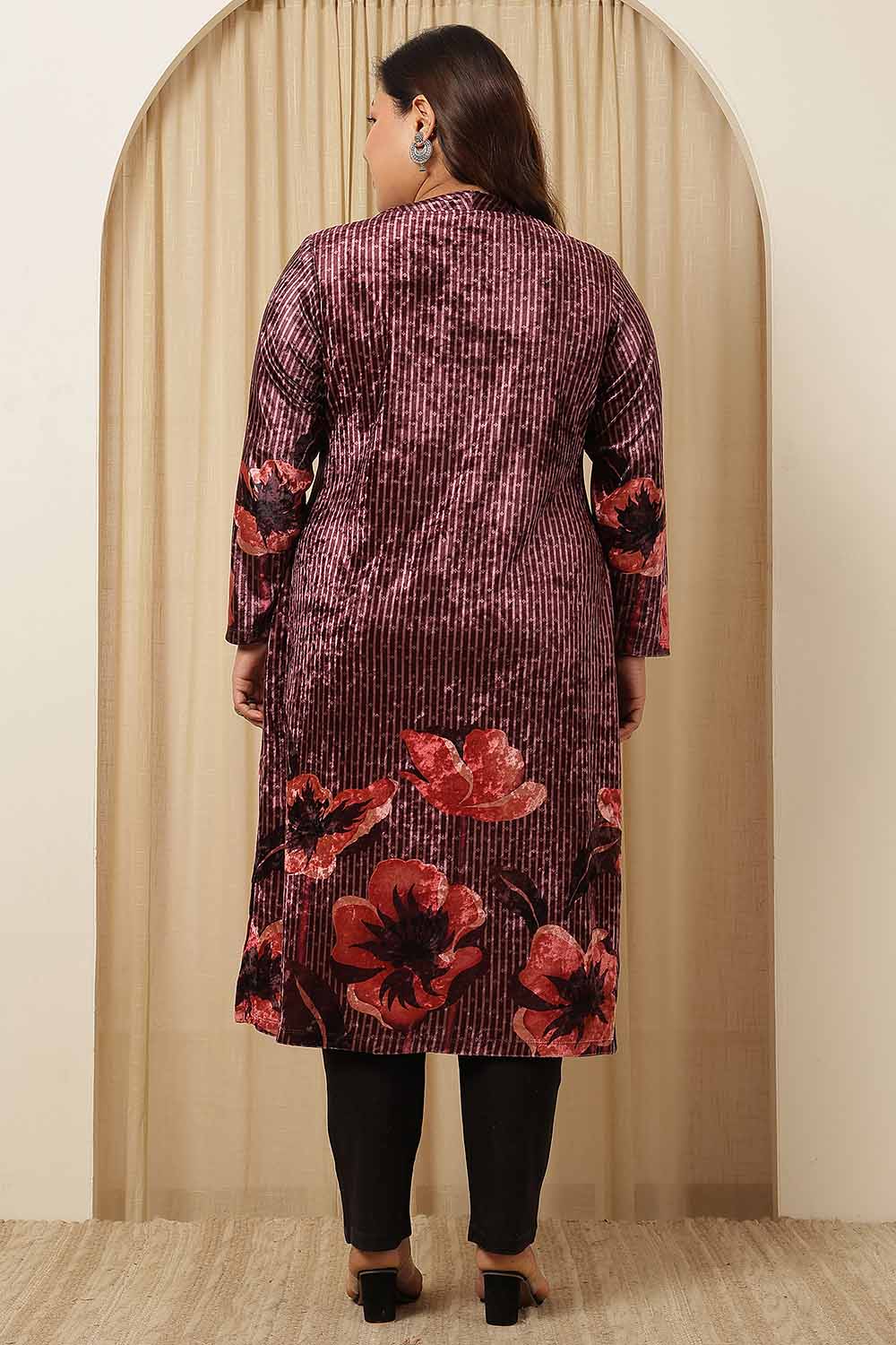 Plus Size Purple Floral Border Velvet Kurta