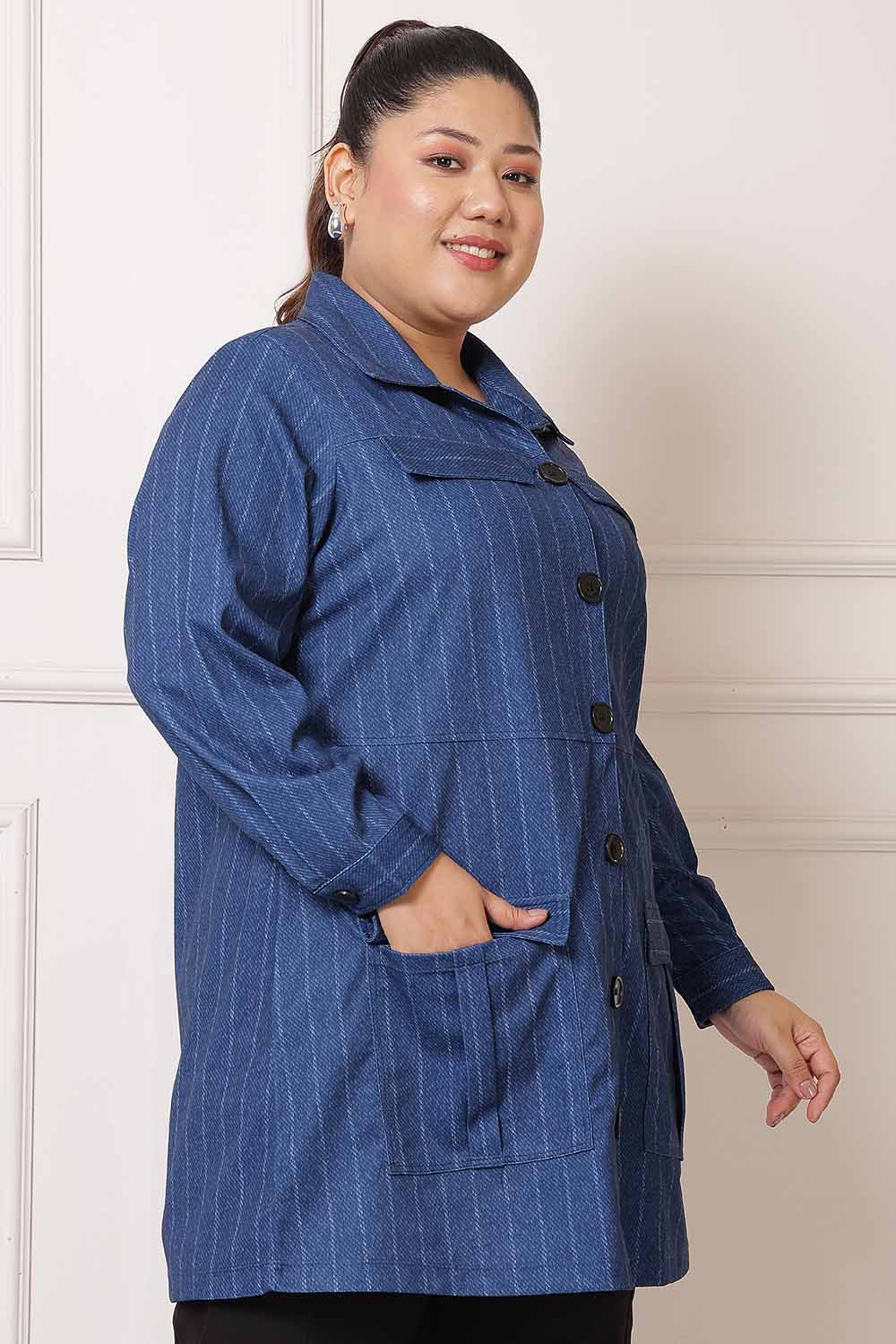 Plus Size Blue White Pinstripe Shacket for Women