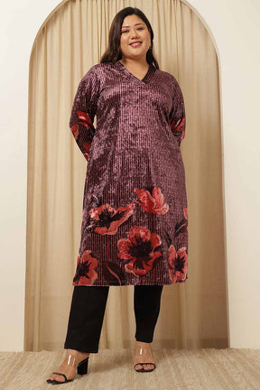 Plus Size Purple Floral Border Velvet Kurta