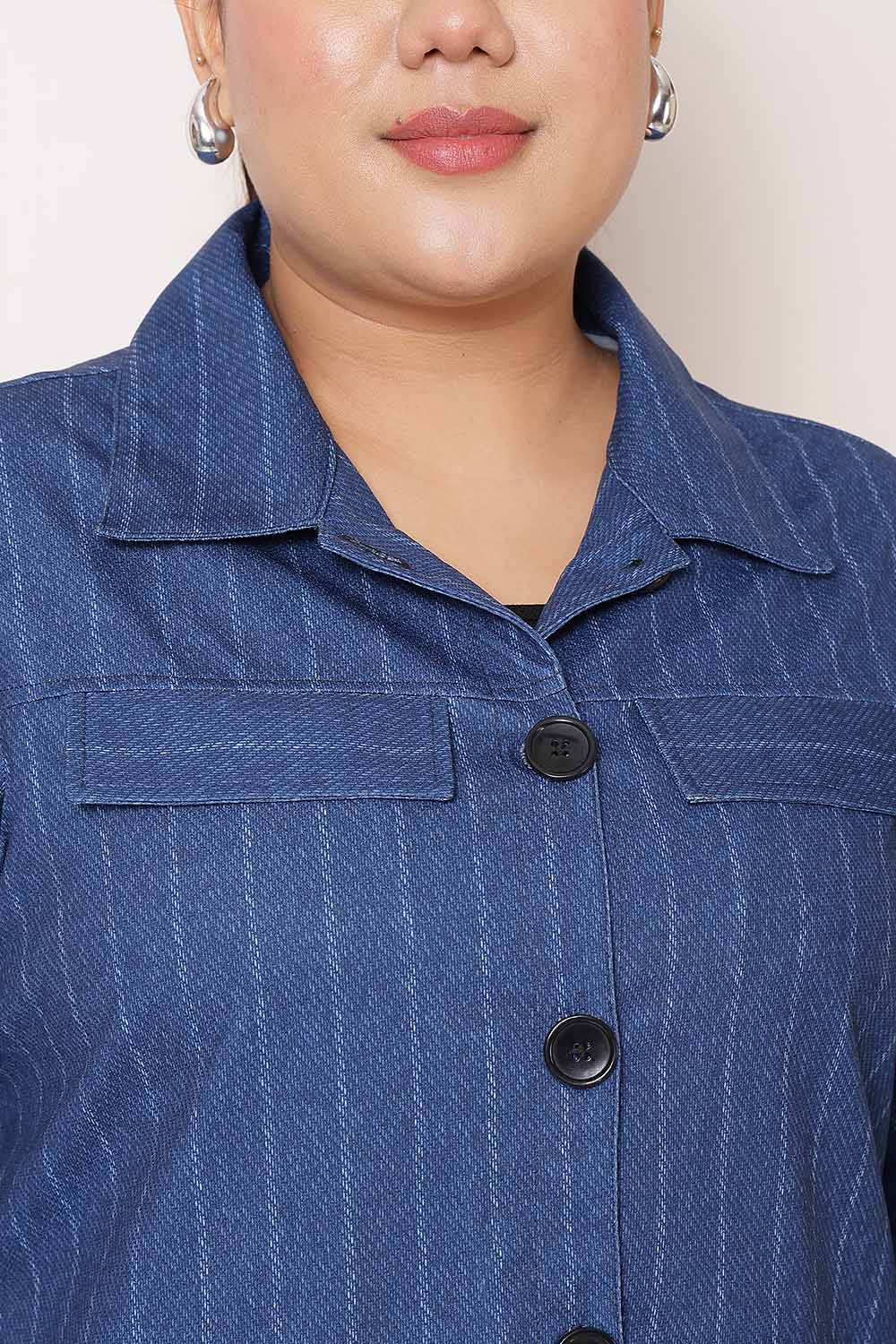 Plus Size Blue White Pinstripe Shacket