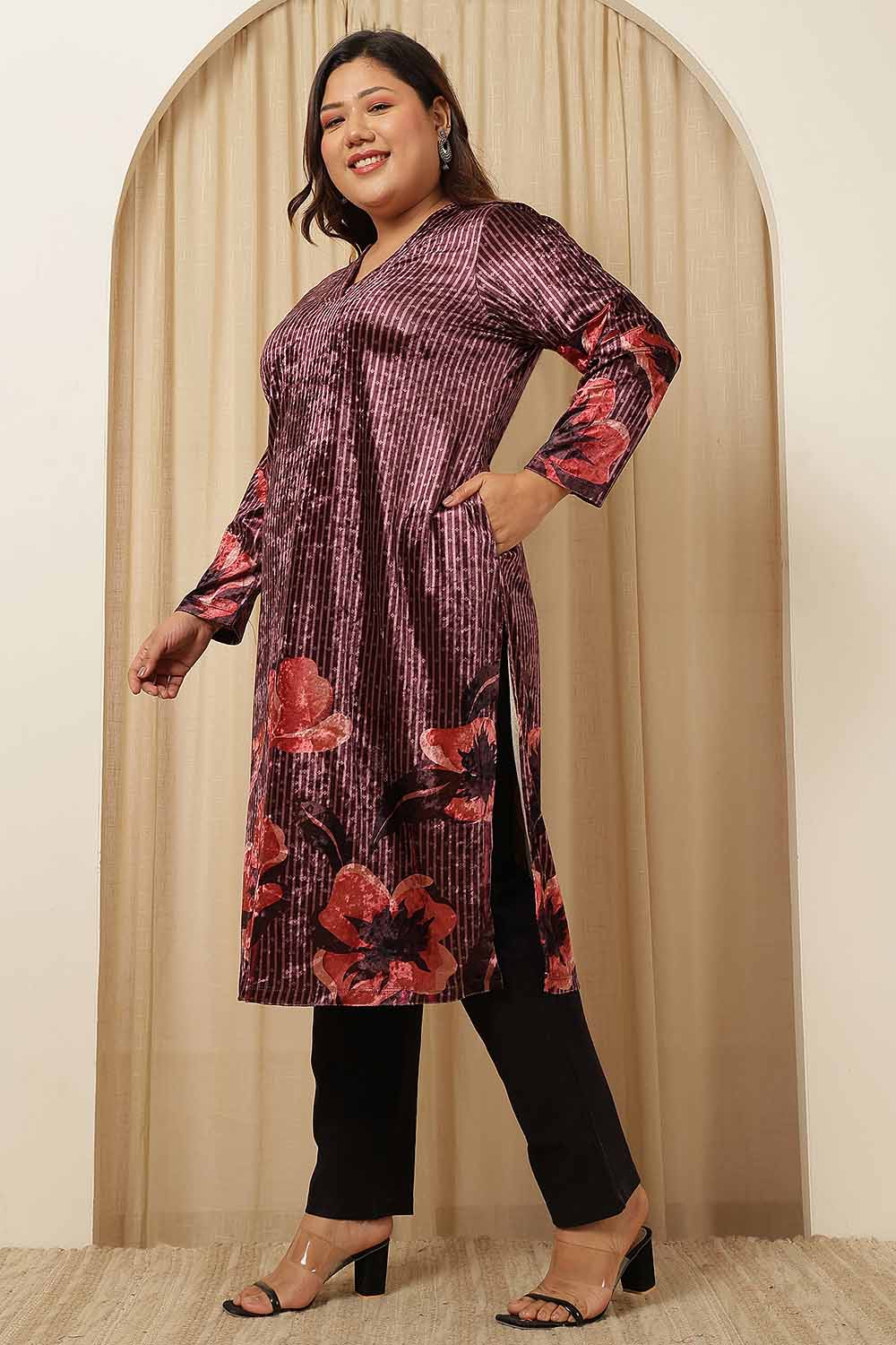 Plus Size Plus Size Purple Floral Border Velvet Kurta