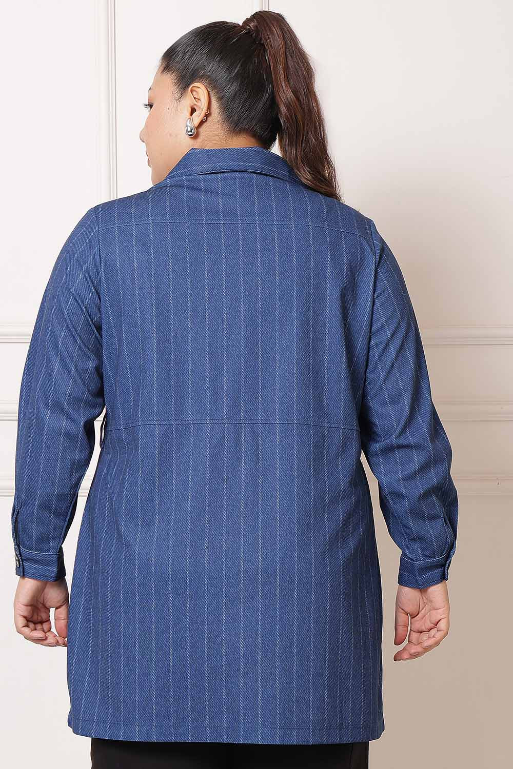 Plus Size Blue White Pinstripe Shacket