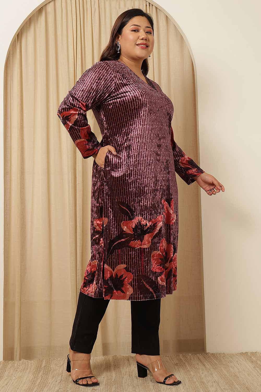 Plus Size Purple Floral Border Velvet Kurta for Women