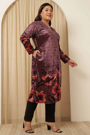 Plus Size Purple Floral Border Velvet Kurta