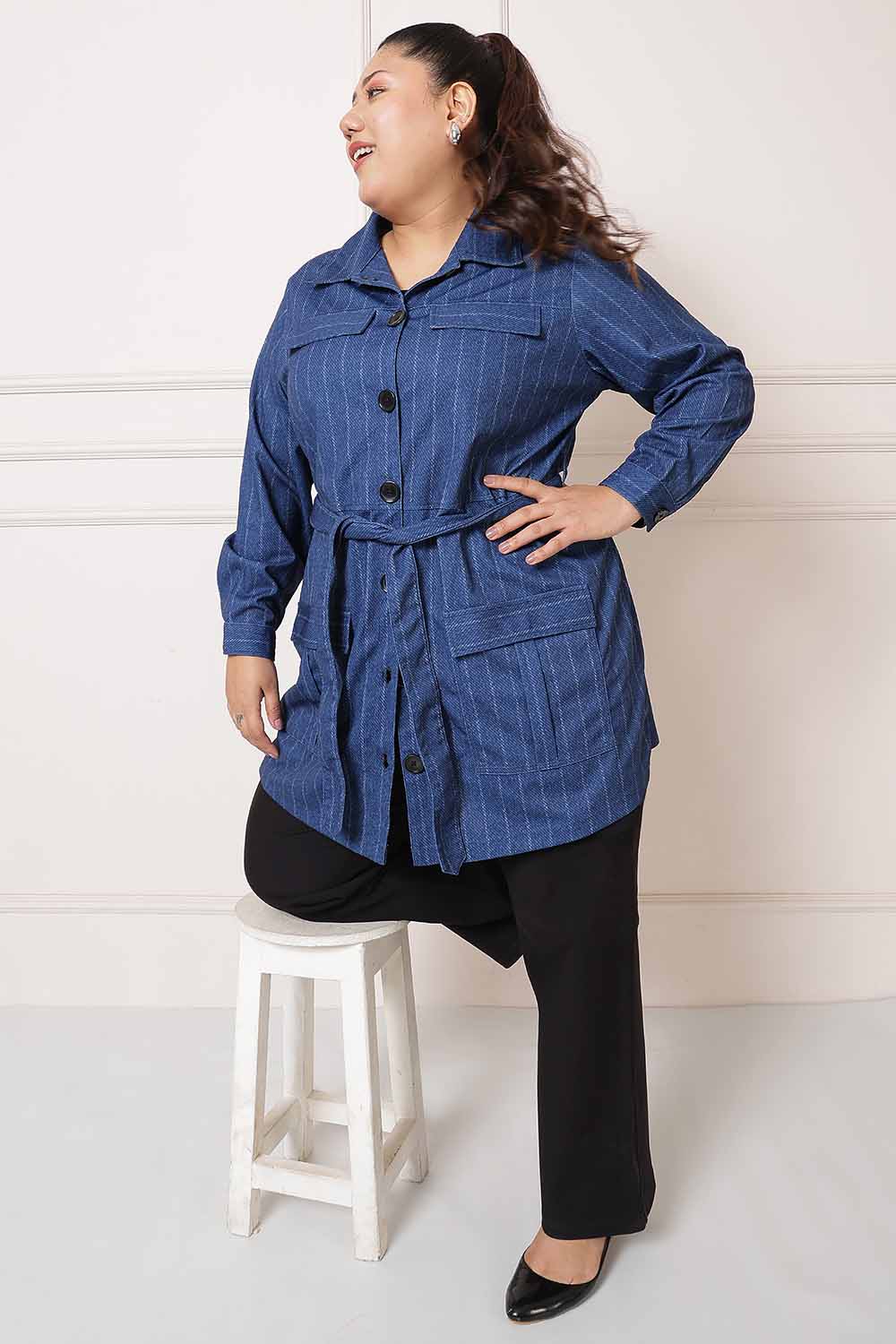 Buy Plus Size Blue White Pinstripe Shacket