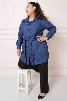 Plus Size Blue White Pinstripe Shacket