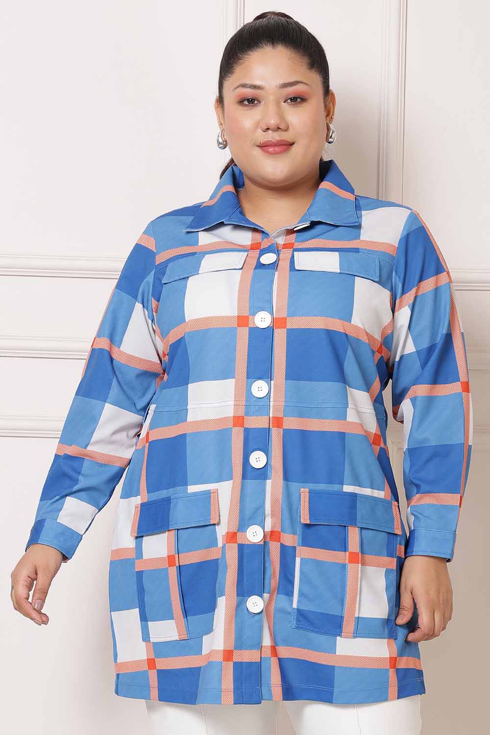 Plus Size Blue Checkered Shacket