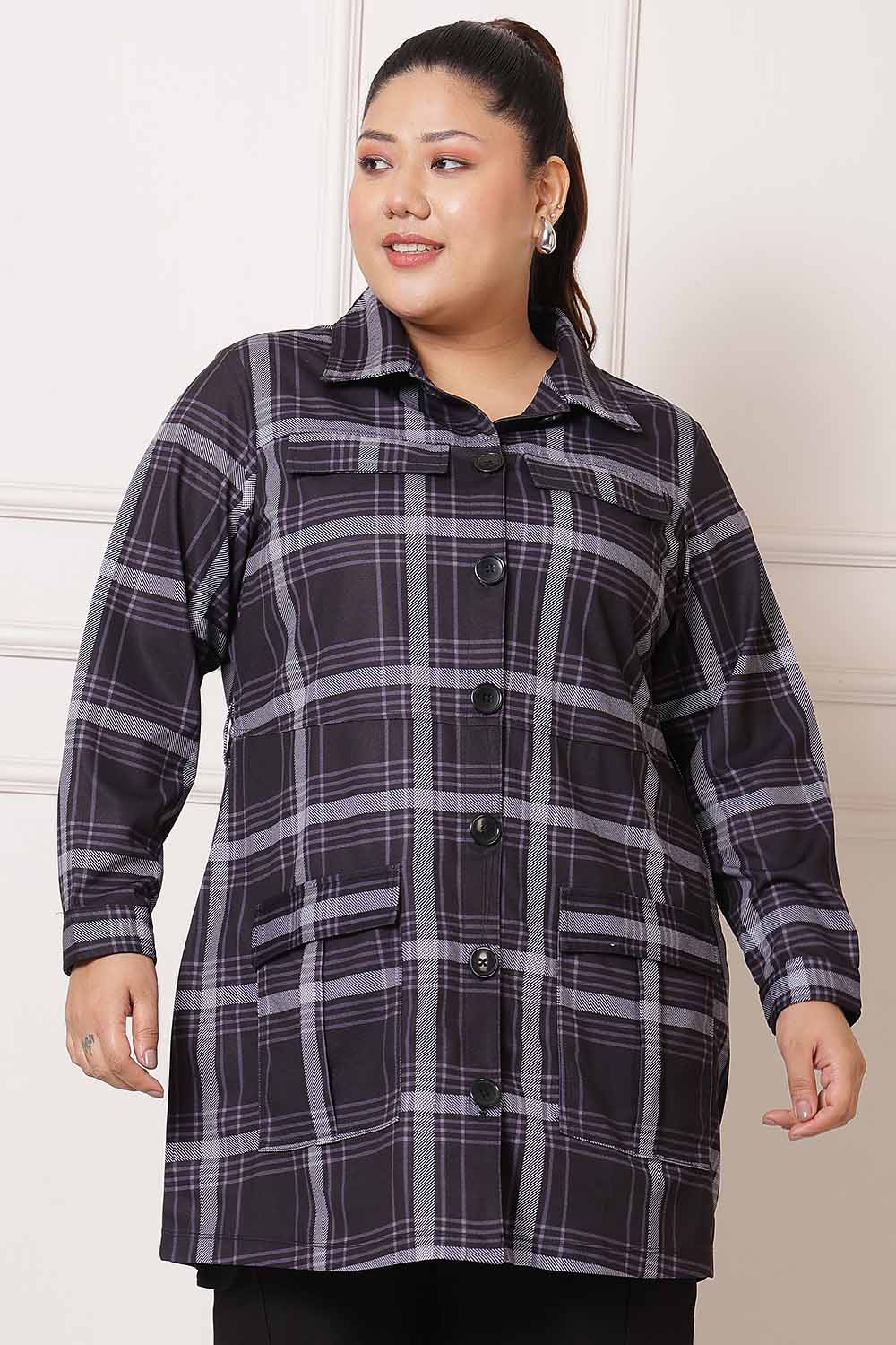 Plus Size Black White Checkered Shacket