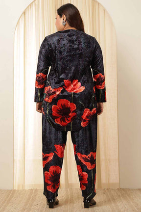 Plus Size Black Floral Print Borders Velvet Coord Set