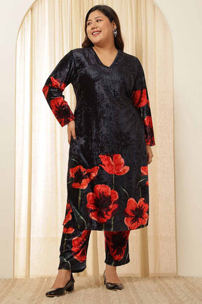 Plus Size Black Floral Borders Velvet Coord Set