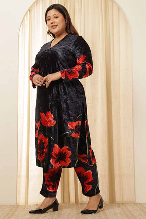 Plus Size Black Floral Borders Velvet Coord Set