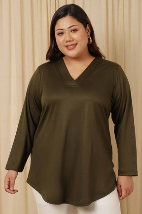 Plus Size Olive V Neck Fleece Top